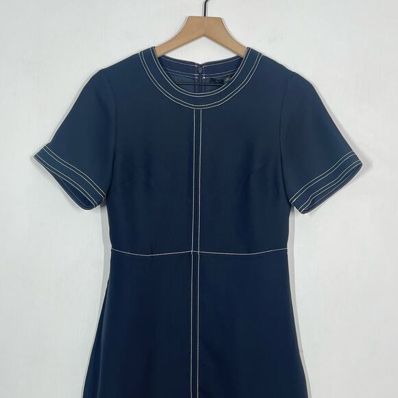 Banana Republic A-Line Dress Womens Size 0 Navy Blue Tonal Stitched Short Sleeve - Picture 4 of 10